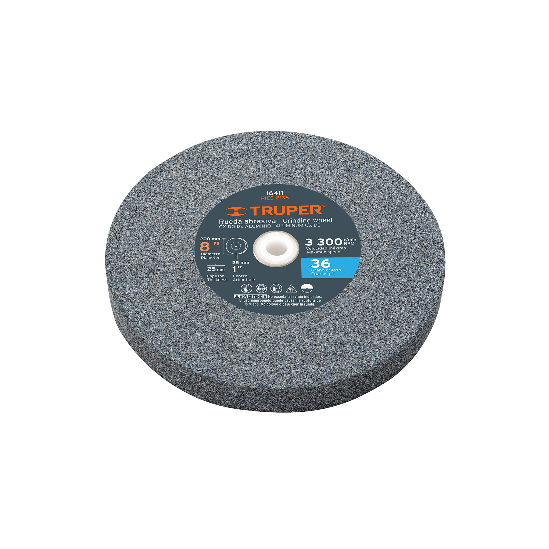 Rueda abrasiva para esmeril 8' x 25 mm, óxido de aluminio grano 36 - 16411