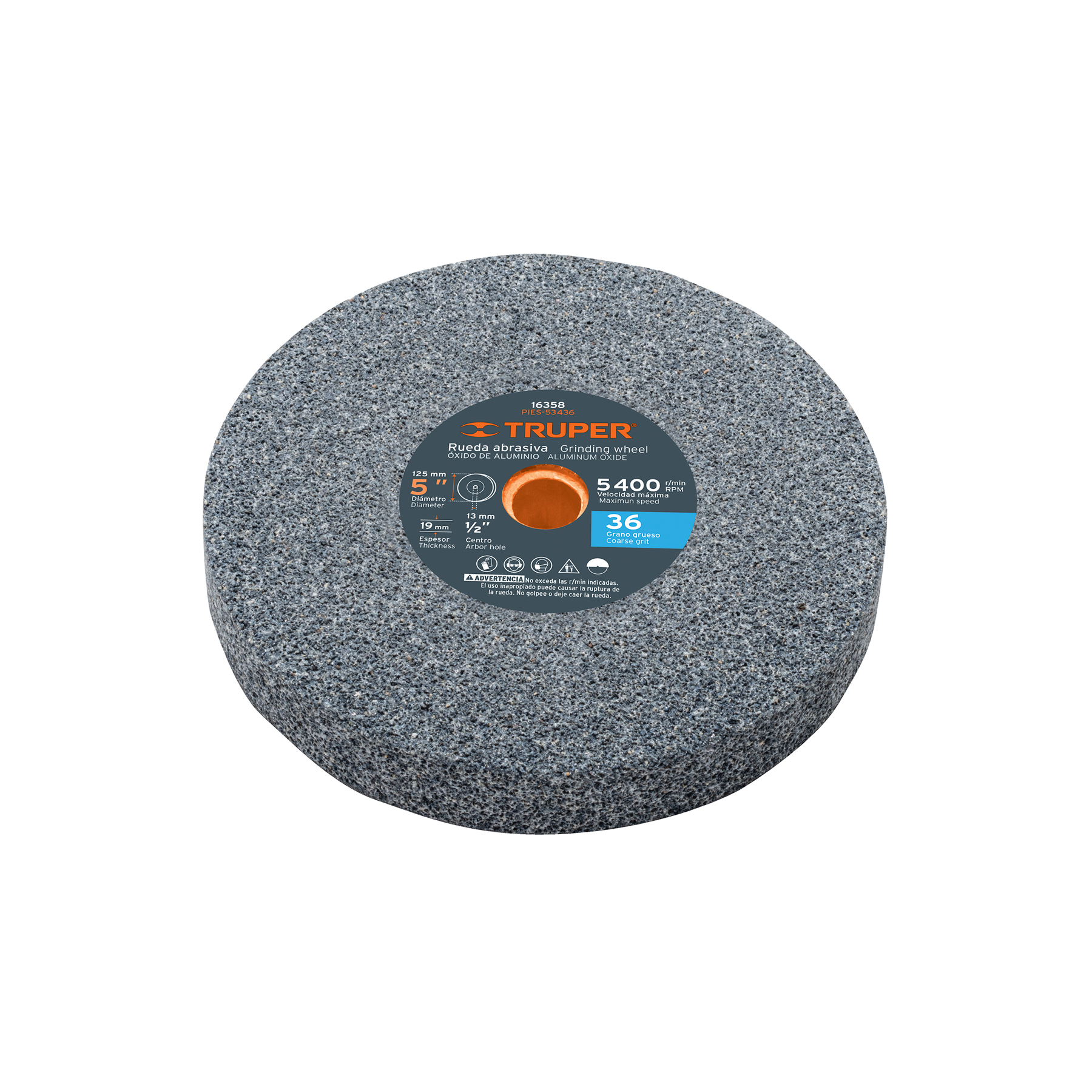 Rueda abrasiva para esmeril 5' x 19 mm, óxido de aluminio grano 36 - 16358
