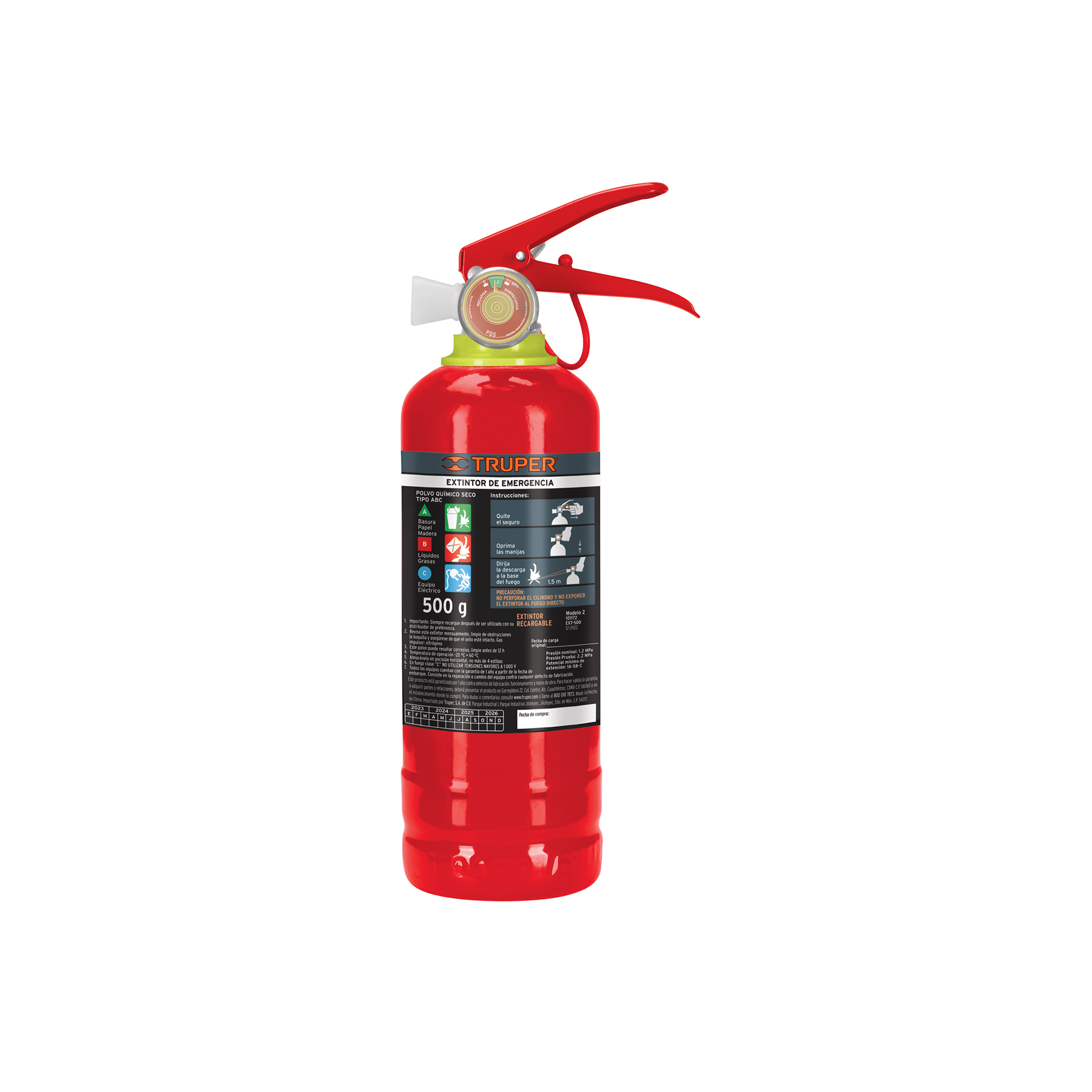 Extintor portátil recargable de 0.5 kg, polvo tipo ABC - 101172