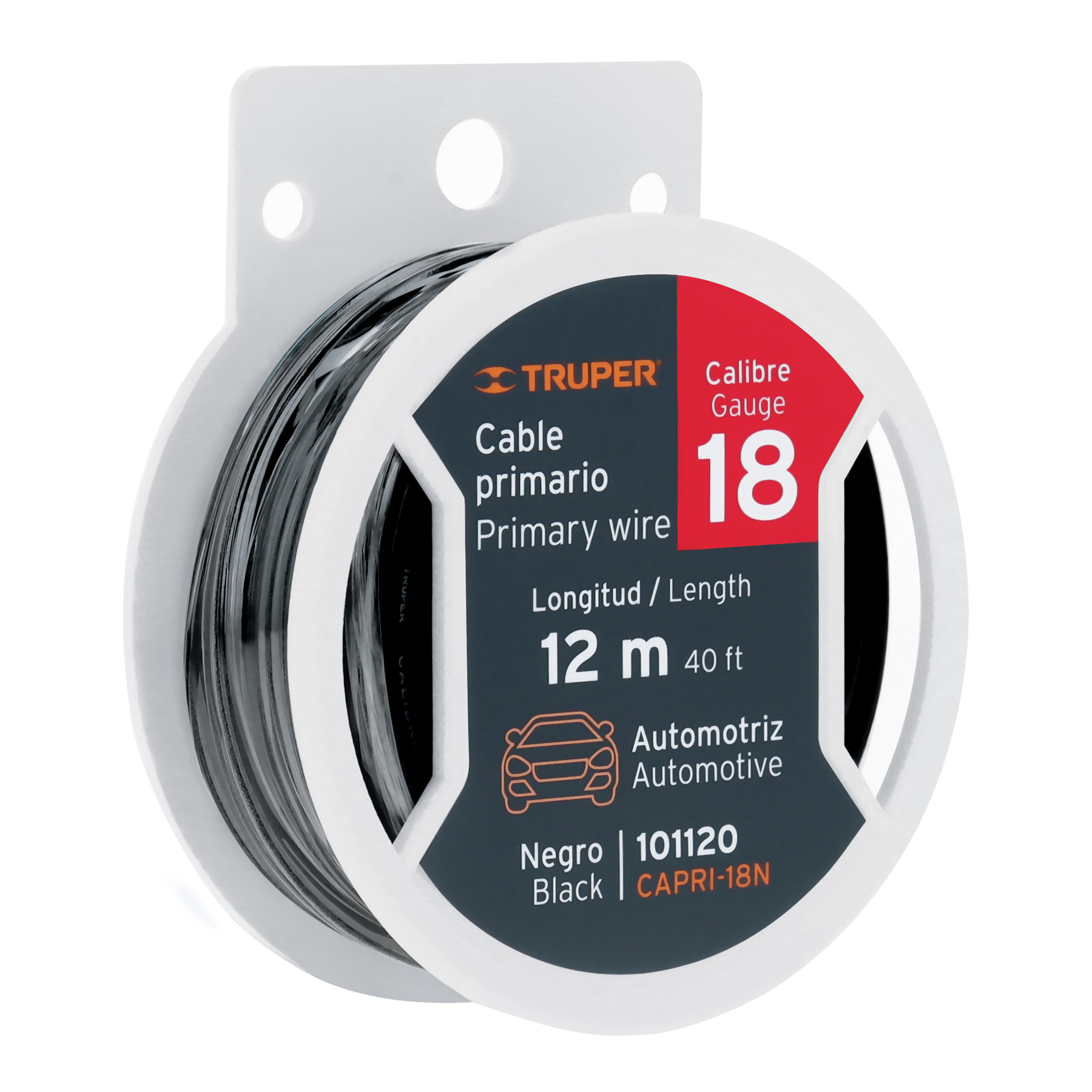 Carrete con 12 metros de cable primario negro calibre 18 - 101120