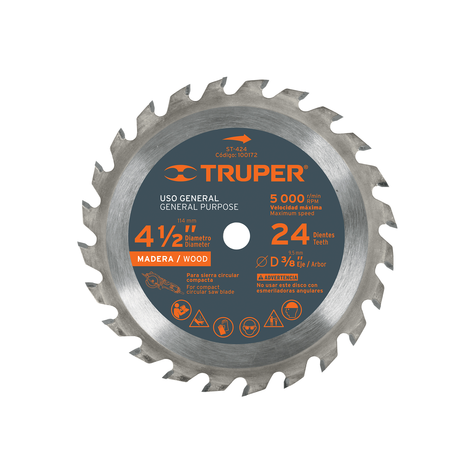 Disco de sierra para madera de 4-1/2 pulgadas, 24 dientes, centro 3/8 - 100172