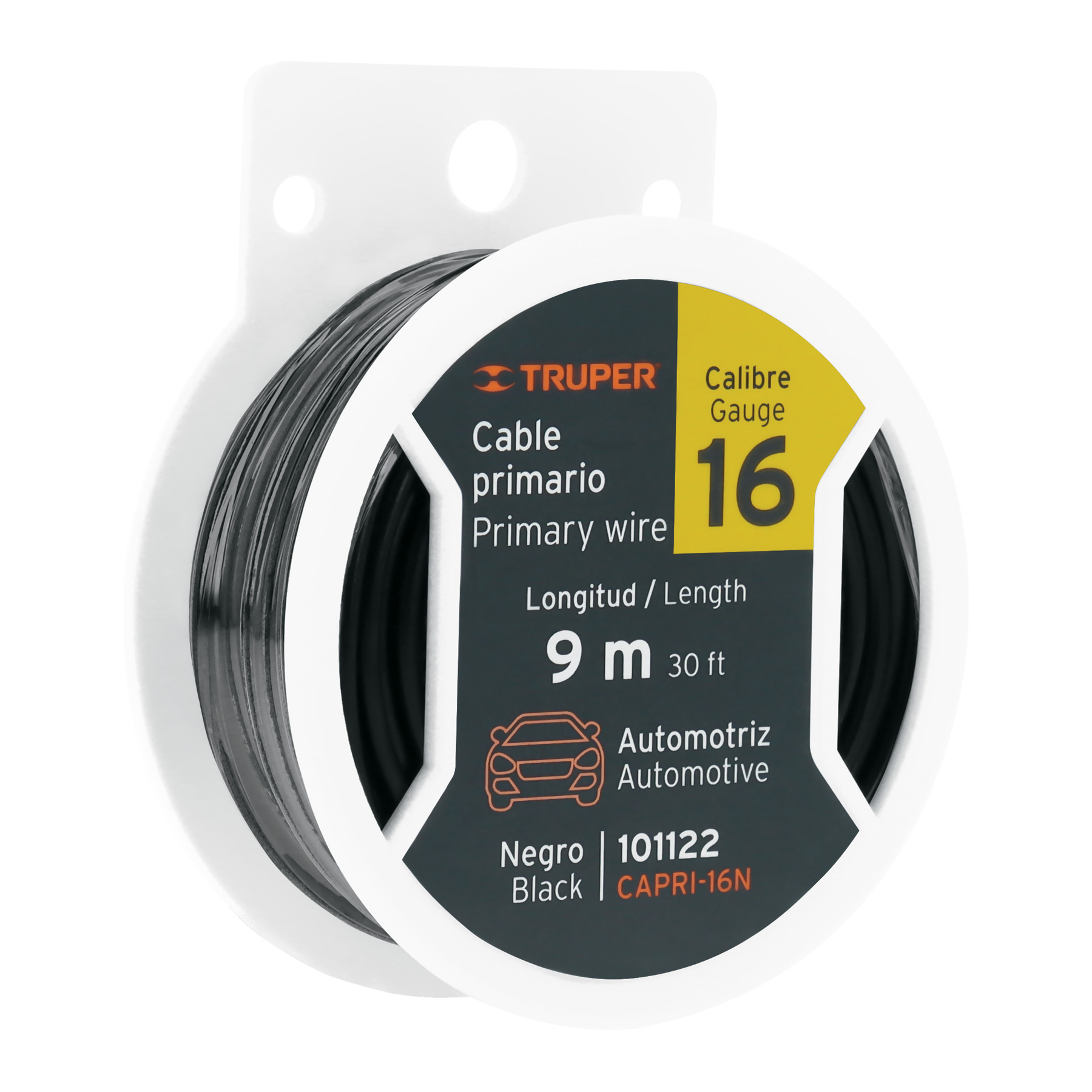 Carrete con 9 m de cable primario negro calibre 16 - 101122