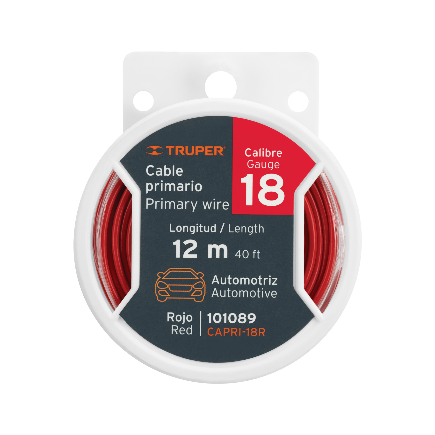 Carrete con 12 m de cable primario rojo calibre 18, marca Truper - 101089