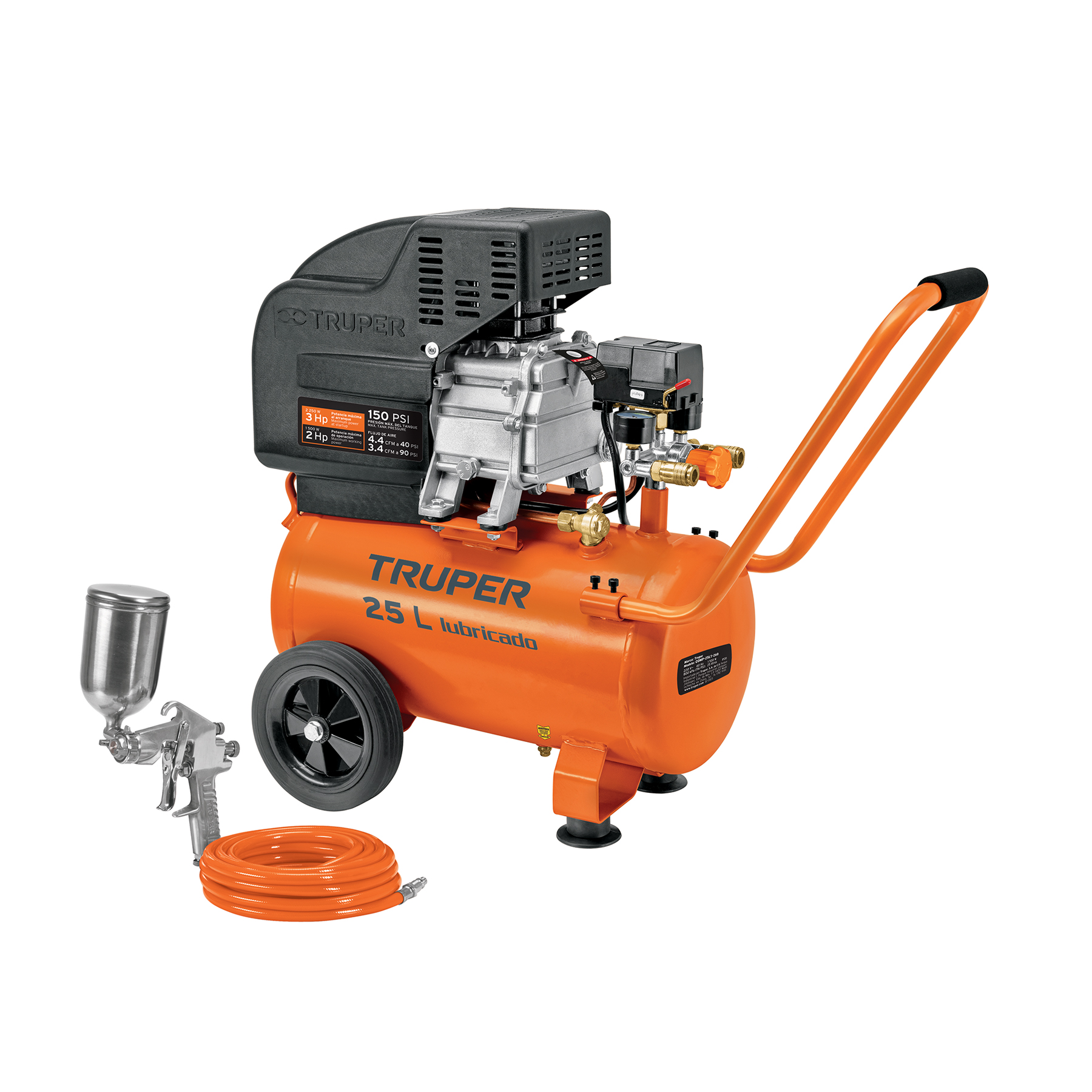 Kit de compresor lubricado de 25 litros con manguera y pistola de gravedad, 127V - 100300