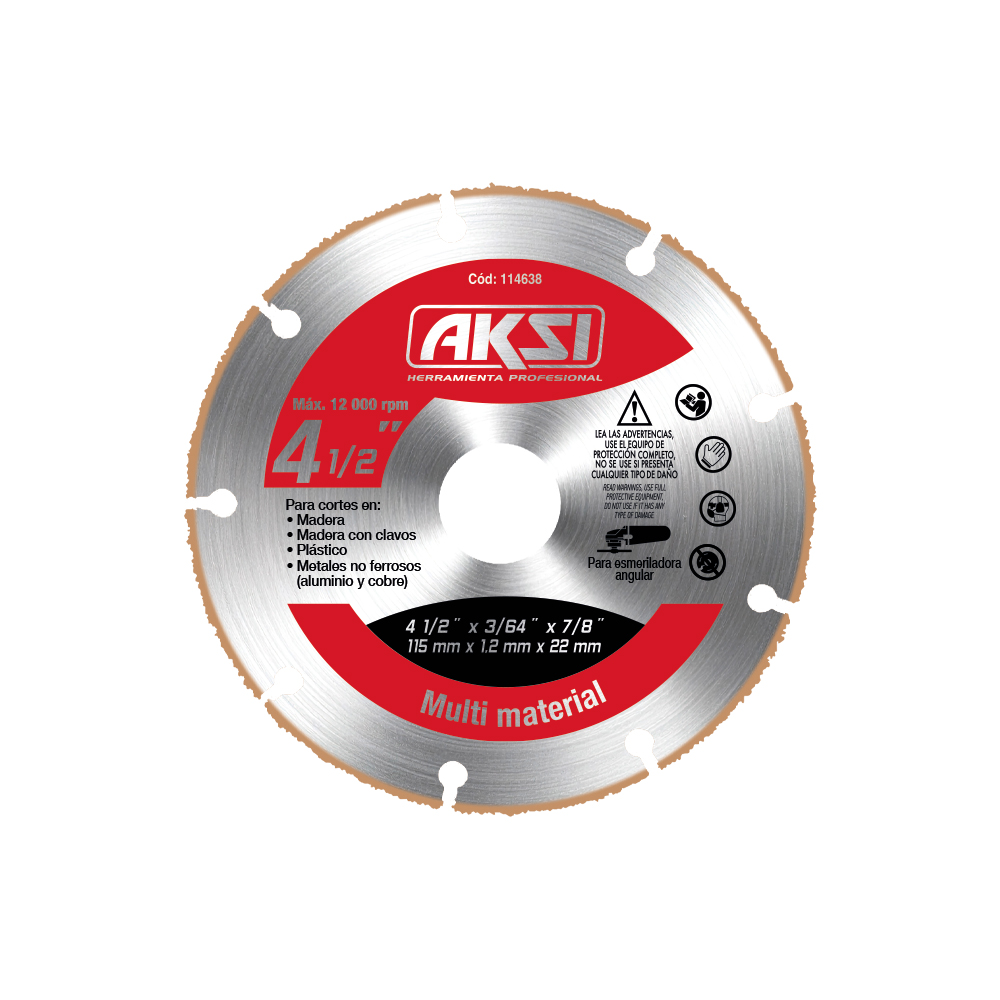 Disco de carburo de tungsteno 4 1/2" x 1.2 mm multimaterial, eje 7/8" - 114638