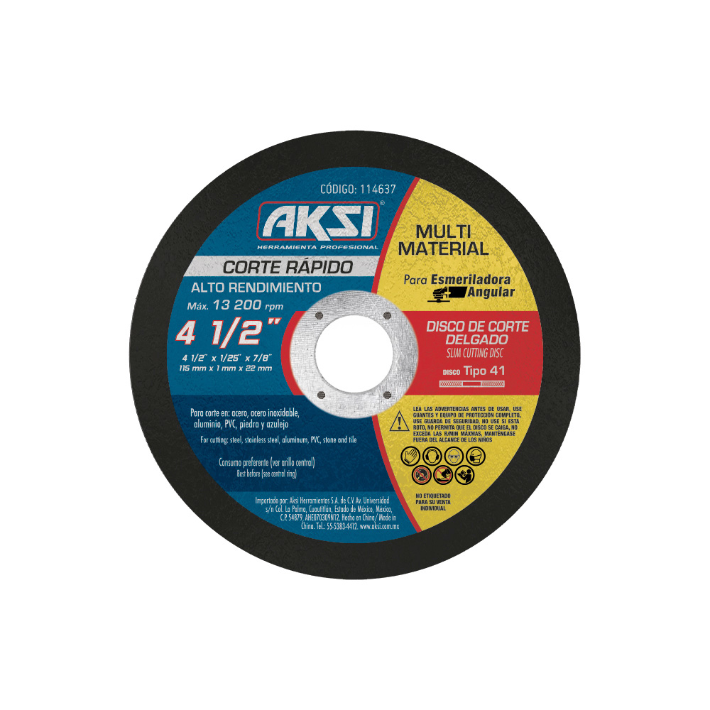 Disco de corte delgado multimaterial 4 1/2" x 1mm, eje 7/8", tipo 41, alto rendimiento - 114637