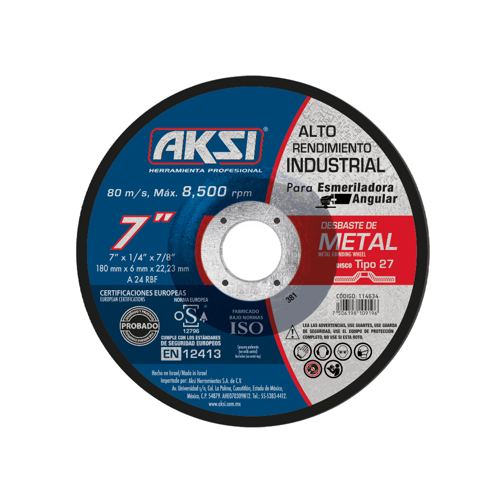 Disco desbaste para metal 7 pulgadas x 6 mm, tipo 27, alto rendimiento - 114634