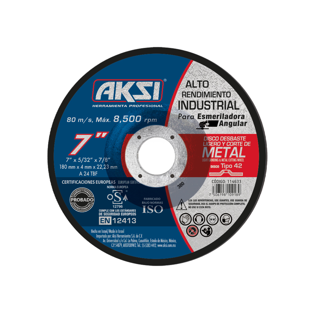 Disco de corte y desbaste para metal de 7 pulgadas, tipo 27, 4 mm de grosor - 114633