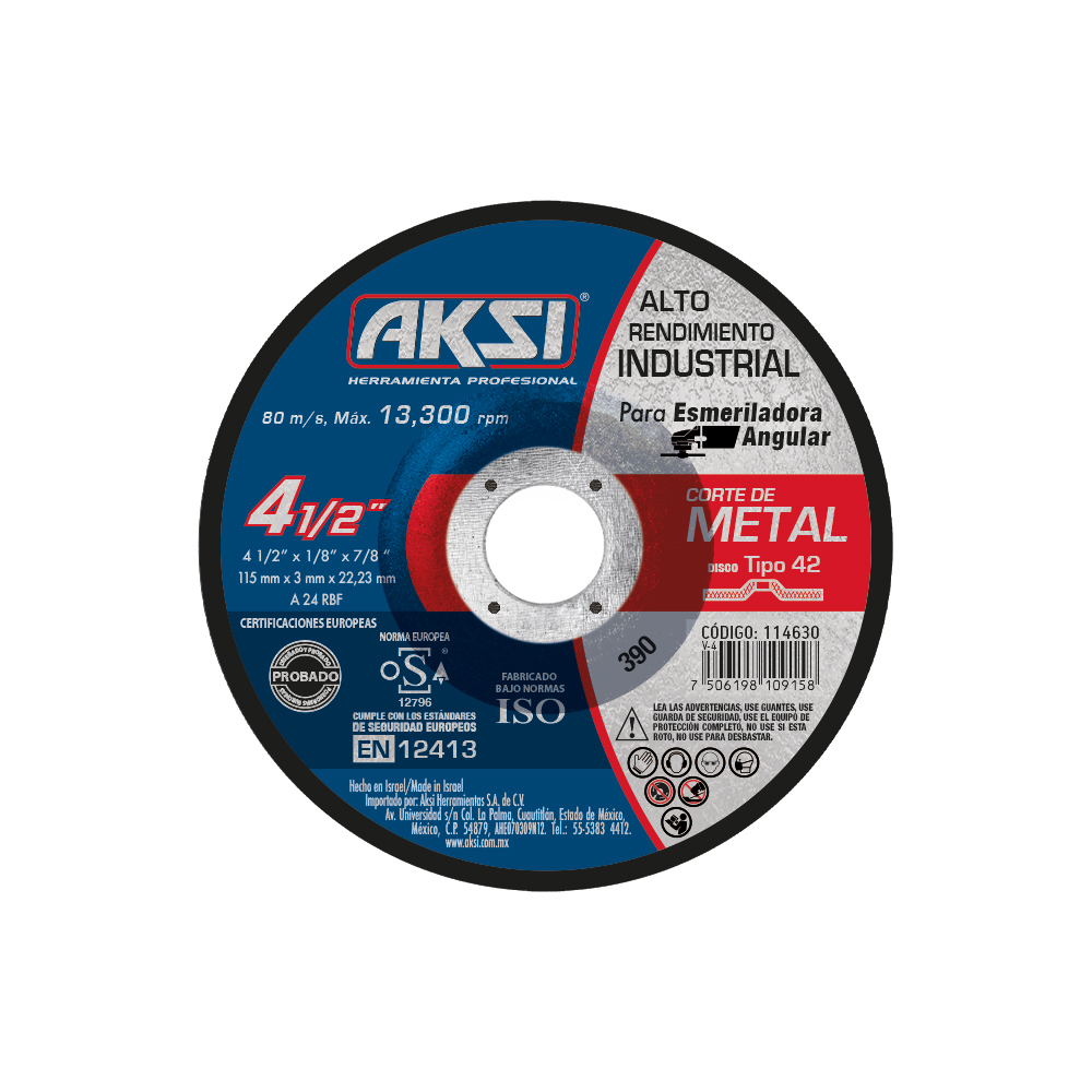 Disco para corte de metal 4 1/2 pulgadas x 3 mm, tipo 27, alto rendimiento - 114630
