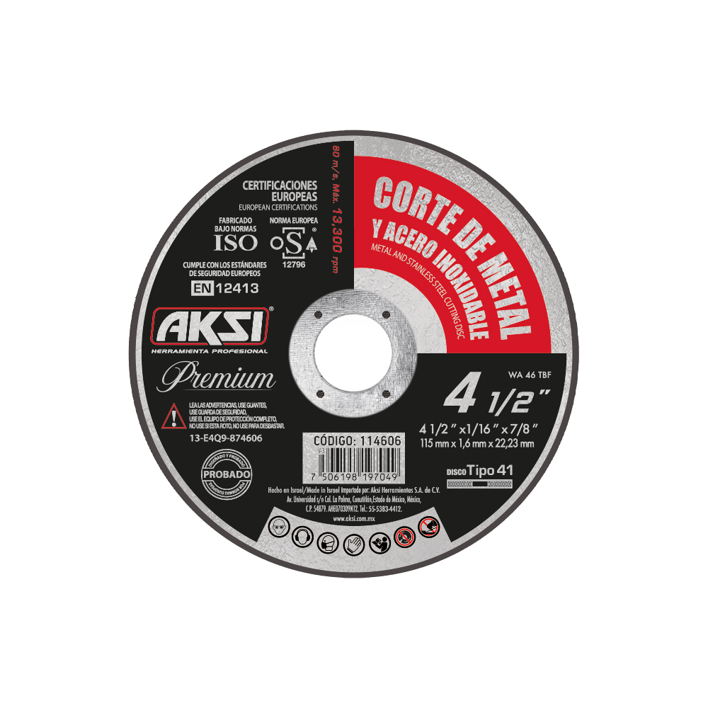 Disco para corte de metal premium 4 1/2 pulgadas x 1.6 mm, tipo 1, alto rendimiento - 114606