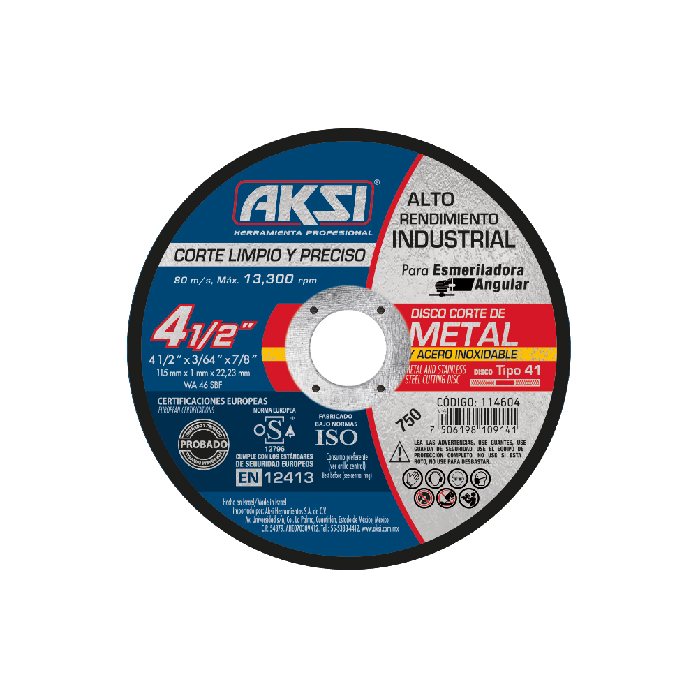 Disco de corte para metal y acero inoxidable 4 1/2" x 1 mm, tipo 1, alto rendimiento - 114604