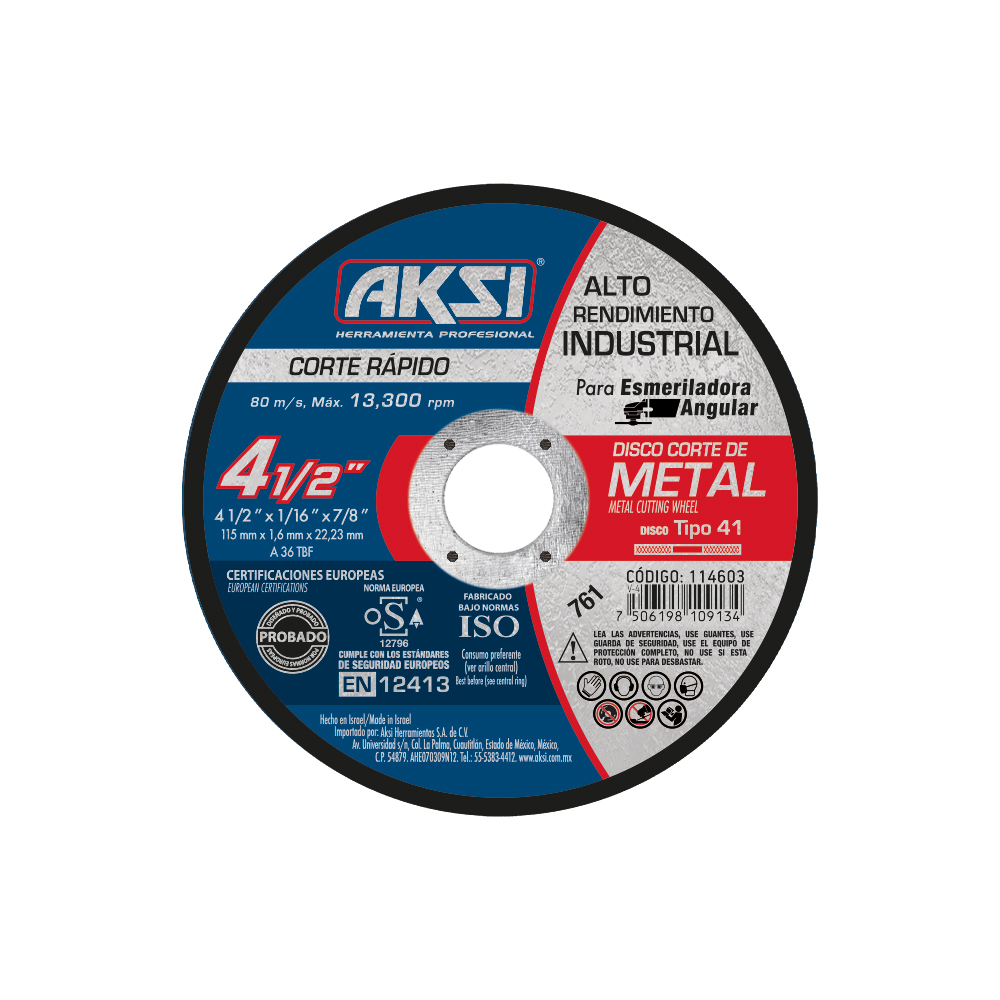 Disco para corte de metal 4 1/2 pulgadas x 1.6 mm, tipo 1, alto rendimiento - 114603