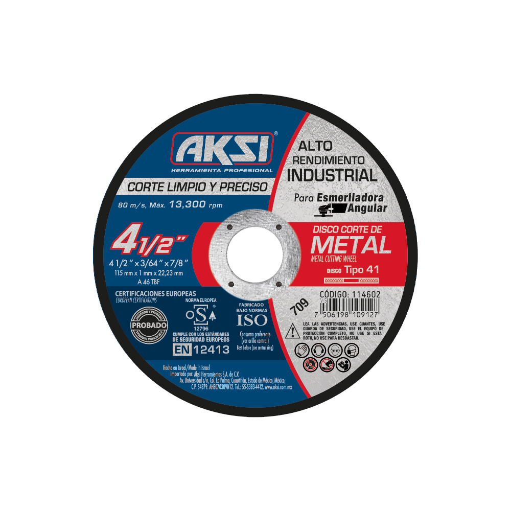 Disco de corte para metal 4 1/2 pulgadas x 1 mm, tipo 1, alto rendimiento - 114602
