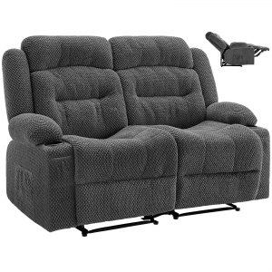 Sofá loveseat reclinable con masaje y calefacción, tapizado en pana gris, 2 asientos, incluye puertos USB y porta vasos