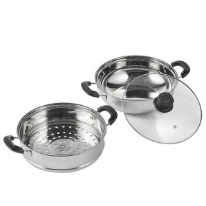 Olla vaporera de acero inoxidable 304, 28 cm con olla base de 3 cuartos y tapa de vidrio